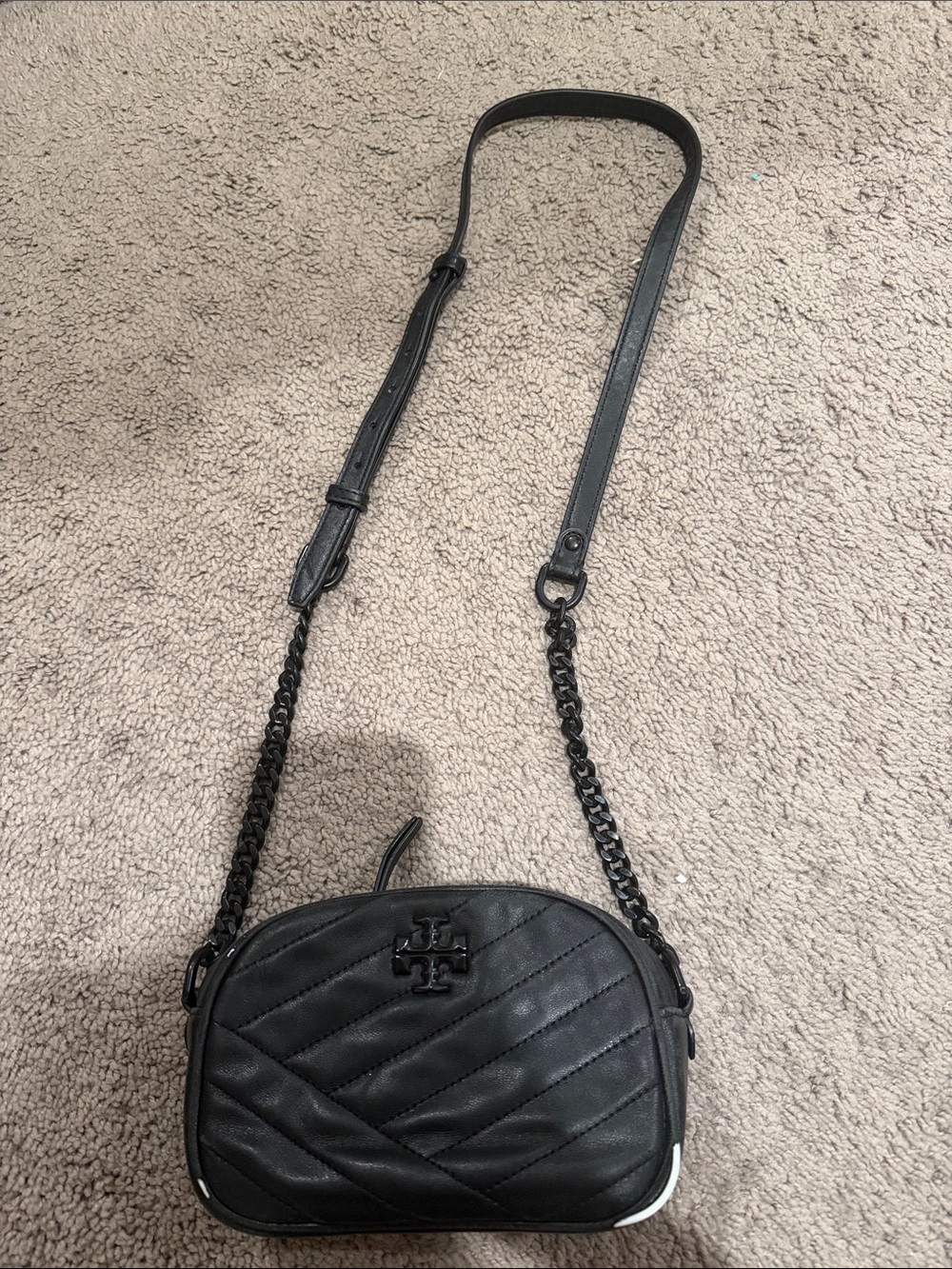 Tory Burch Black Quilted Leather Crossbody with Chain Strap